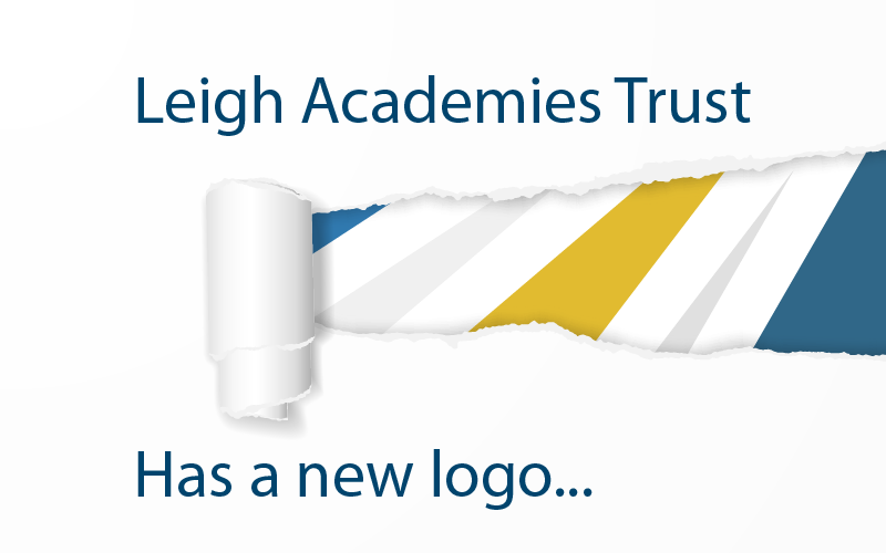 LAT Logo changing graphic, with text stating 'Leigh Academies Trust has a new logo...' with the new logo under a curled ripped piece of paper.