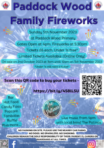 Poster advertising Family Fireworks at Paddock Wood Primary Academy on Sunday 5th November 2023.
