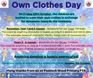 Poster advertising Own Clothes Day on Friday 20th October 2023 at Paddock Wood Primary Academy.